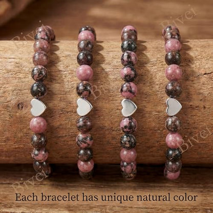 Bivei Crystal Stretch 6mm Bracelets for Women | Handmade Natural Stone Beaded Stretch Bracelet, Stainless Steel Heart Bead, Tranquility Yoga Gift Jewelry for Women - color: Rhodonite - Healing