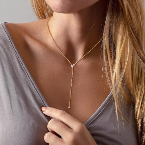 LuckFairy Lariat Necklace for Women，Dainty Gold Long Necklaces 14k Gold Plated CZ Lips Bead Y-Shaped Drop Chain Necklace Simple Gold Layered Necklaces for Women Trendy Gold Jewelry Gifts for Women - color: LEAF CZ