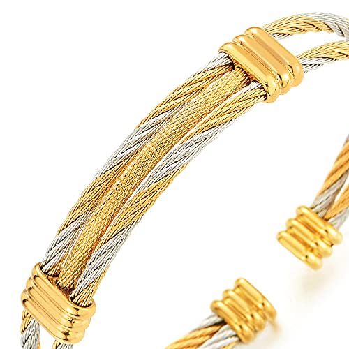 COOLSTEELANDBEYOND Men Women Stainless Steel Twisted Cable Adjustable Cuff Bangle Bracelet - color: E-Metal Color: Silver & Gold-01