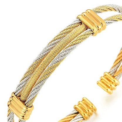 COOLSTEELANDBEYOND Men Women Stainless Steel Twisted Cable Adjustable Cuff Bangle Bracelet - color: E-Metal Color: Silver & Gold-01