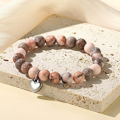 MIXJOY Inspirational Gifts for Women, Heart Charm Pink Elastic Beads Bracelet, Positive Affirmations Get Well Soon Gifts - style: steel heart how flamazing pink