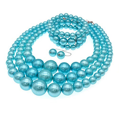 We We Imitation Pearl Necklace for Women Large Chunky Pearl Necklaces Multilayer Pearl Necklace and Earring 1920s Costume Jewelry set - color: sky blue pearl necklace set