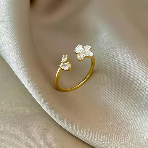 Mettclasi Women's 14K Gold Plated Stackable Ring Crystal Inlaid Dainty Trendy Cute Adjustable Open Twist Rings Jewelry Gifts - style: Flower