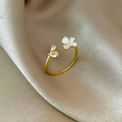 Mettclasi Women's 14K Gold Plated Stackable Ring Crystal Inlaid Dainty Trendy Cute Adjustable Open Twist Rings Jewelry Gifts - style: Flower