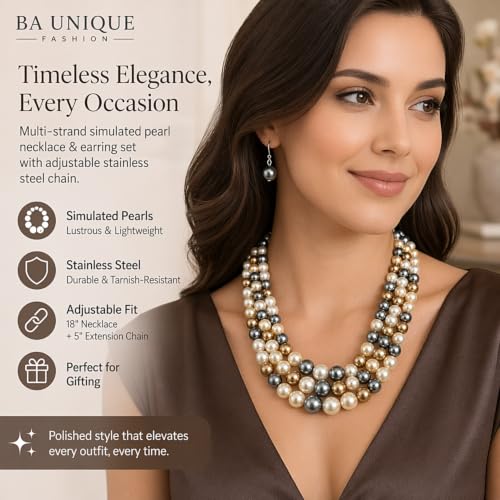 Simulated Pearl Necklace & Earring Set, Multi Strand - color: Brown + Grey Mix