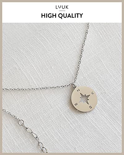 LUUK LIFESTYLE Stainless steel necklace with pendant and HAPPINESS card, 20” adjustable length, lucky charm, friendship chain, Valentine's Day gift, birthday, women's jewelry, silver, gold, rosegold - color: Silver, size: Compass