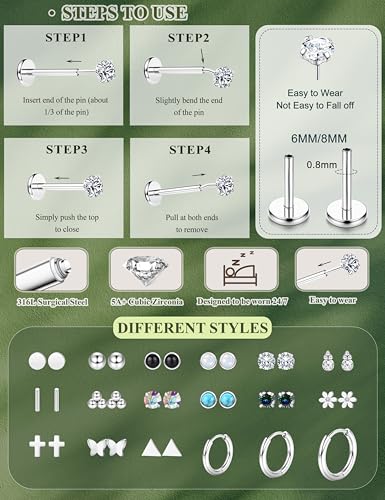 YADOCA 18Pairs Hypoallergenic Threadless Flat Back Earrings for Women 20G | Surgical Steel Push in Nose Stud Rings Labret Cartilage Lip Rings Medusa Nostril Conch Tragus Piercing Jewelry - color: B:Stud+Hoop, size: 20G-8MM