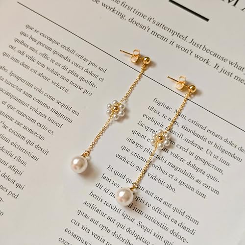 IMBOS Pearl Earrings 14k Gold Plated Daisy Flower Stud Earrings for Women Ball Stud Flat Back Earring Hypoallergenic Statement Earring Trendy Jewelry Gift for Women - color: Gold-Dangle Pearl Flower