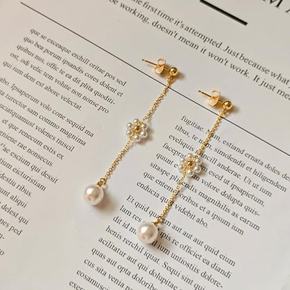 IMBOS Pearl Earrings 14k Gold Plated Daisy Flower Stud Earrings for Women Ball Stud Flat Back Earring Hypoallergenic Statement Earring Trendy Jewelry Gift for Women - color: Gold-Dangle Pearl Flower
