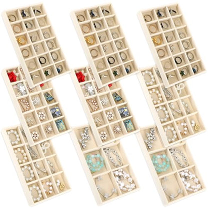 Jewelry Organizer Trays Set of 9, Velvet Lined Stackable Jewelry Trays for Drawers with Adjustable Dividers, Earring Organizer Storage, Beige 8.3 x 4.9 x 1 Inches