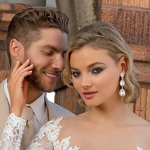 EleQueen Women's Crystal Teardrop Pear Shape 2.5 Inch Long Earrings | Dangle Earrings for Women, TearDrop Crystals Earrings for Bride Bridesmaid, Prom Jewelry for Wedding - color: Iridescent AB Silver-tone