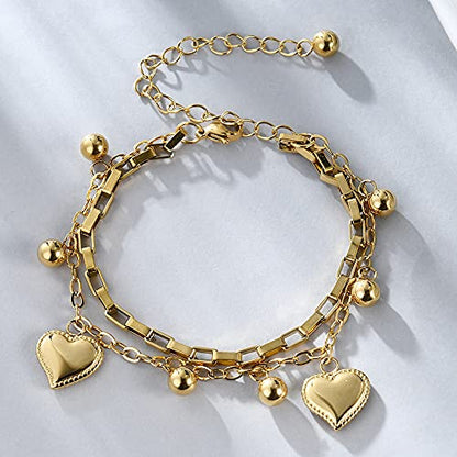 kelistom 316L Stainless Steel Love Heart Charm Bracelet for Women Romantic Gift Silver/Rose/18k Gold Plated OT Clasp Bracelets - color: 2-heart gold