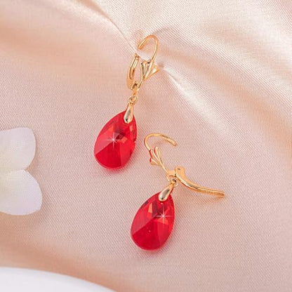 Austrian Crystal Teardrop Leverback Dangle Earrings for Women Fashion 14K Gold Plated Hypoallergenic Jewelry - color: Red