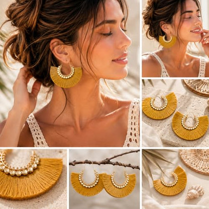 Tassel Hoop Earring Statement Thread Dangle Earrings Stylish Long Fringe Drop Earrings Lightweight Long Swingy French Hook Earrings for Women - color: C Dark Green