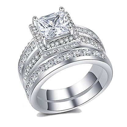 CEJUG 3Ct Princess Wedding Rings for Women Engagement Ring Set Bands 18k White Gold Plated Halo Cz Size 6-10 - color: Silver