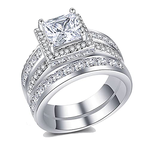 CEJUG 3Ct Princess Wedding Rings for Women Engagement Ring Set Bands 18k White Gold Plated Halo Cz Size 6-10 - color: Silver