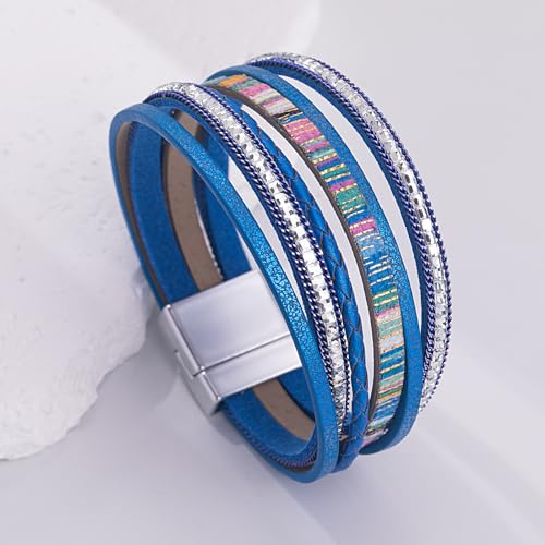 Boho Layered Leather Wrap Bracelets Chunky Western Country Hippie Jewelry | Stackable Bohemian Cowgirl Magnetic Clasp Cuff Bangle Set Fashion Stack Statement Festival Trendy Jewelry Gifts for Women - color: Royal Blue