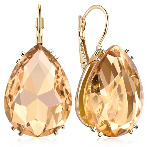 14K Gold Teardrop Crystal Leverback Earrings Sparkly Rhinestone Water Droplet Dangle Drop Earrings For Women - color: Champagne
