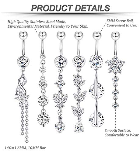 3-6PCS 14G 316L Stainless Steel Belly Button Rings for Women Navel Rings Barbell Dangle Flower CZ Body Piercing - color: D: 6 Pcs Silver-tone