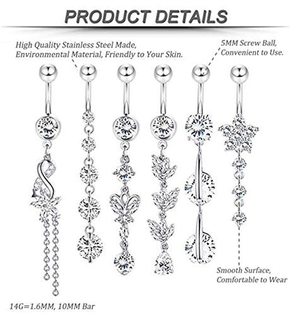3-6PCS 14G 316L Stainless Steel Belly Button Rings for Women Navel Rings Barbell Dangle Flower CZ Body Piercing - color: D: 6 Pcs Silver-tone