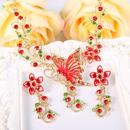 EleQueen Women's Crystal Butterfly Flower Leaf Necklace Earrings Set | Crystal Jewelry Set for Brides Bridesmaids, Necklace Set for Party - color: Gold-Tone Red Ruby Color