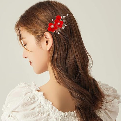 Bridal Flower Hair Clips, Crystal Hair Pins Pearl Rhinestone Hair Barrettes, Wedding Hair Pieces Pearl Headpieces Hair Accessories for Women Girls - color: Light Red