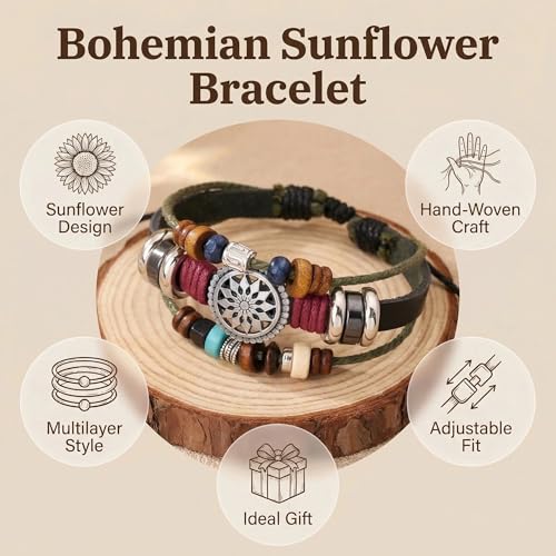 Bohemian Sunflower Hand-Woven Bracelet for Women - Multilayer Beaded Western Jewelry - Adjustable Boho Stackable Bracelet for Summer Beach & Festival Outfits