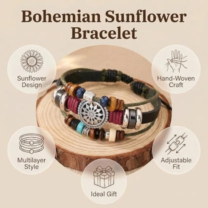 Bohemian Sunflower Hand-Woven Bracelet for Women - Multilayer Beaded Western Jewelry - Adjustable Boho Stackable Bracelet for Summer Beach & Festival Outfits
