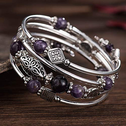 BULINLIN Layered Wrap Bangle Turquoise Bracelet - Bead Bracelet with Natural Agate Stone, Gifts For Women - color: 02-Purple