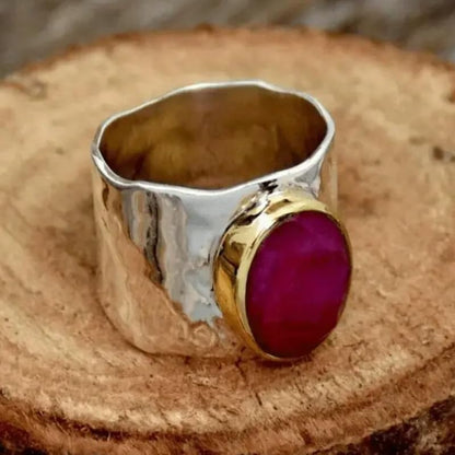 Fashion Oval Pink Synthetic Gemstone Two Tone Wide Ring for Women Party Festival Punk Personality Jewelry - color: silver & gold