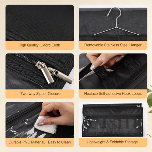 Hanging Jewelry Organizer Storage Roll 41 Pockets and 7 Necklace Hooks with Detachable Hanger Double-Sided Foldable, Travel Jewelry Holder for Earrings, Rings, Bracelets, Hanging on Closet, Wall, Door - size: 41 Dual Zippered Pockets