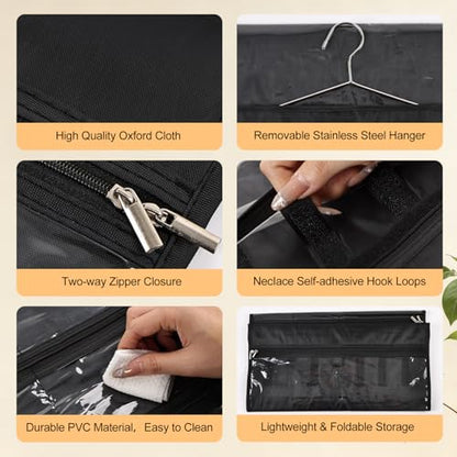 Hanging Jewelry Organizer Storage Roll 41 Pockets and 7 Necklace Hooks with Detachable Hanger Double-Sided Foldable, Travel Jewelry Holder for Earrings, Rings, Bracelets, Hanging on Closet, Wall, Door - size: 41 Dual Zippered Pockets