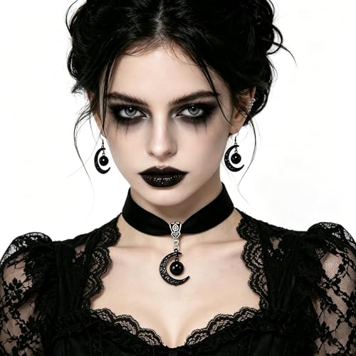 ONLYJUMP Gothic Witch Moon Earrings Necklace Set for Women Goth Black Velvet Moon Choker Necklace Moon Zirconia Dangle Drop Earrings Dark Halloween Witch Vampire Jewelry - color: Black