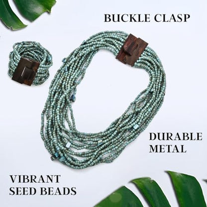 Shop LC Seed Bead Necklace Bracelet Set Boho Jewelry for Women | Multi Layered Boho, Wooden Clasp, 18 Inch Necklace, Stretchable Bracelet - color: Green