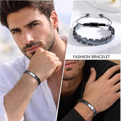 Hematite Bracelet for Men, Natural Hematite Stone Handmade Braided Rope Bracelets Healing Grounding Balance Inspirational Jewelry Birthday Gift for Him - color: Hematite-1
