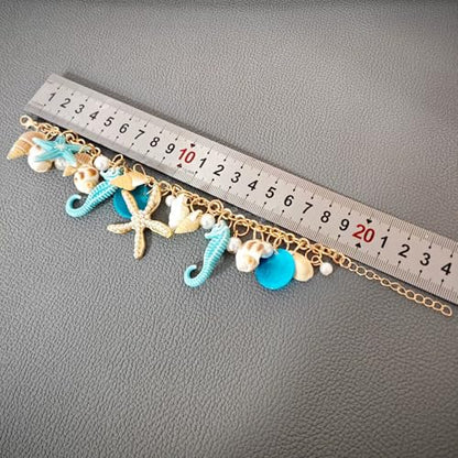 Shell Starfish Bracelet Seahorse Conch Starfish Sea Shell Pearls Charm Stone Bracelet Statement Bohemian Sea Themed Beach Jewelry for Women - color: Blue