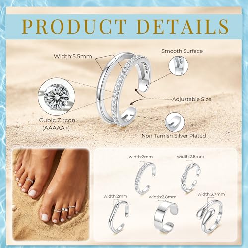 NICEIGHT 6Pcs 14K Gold Filled Toe Rings for Women Non Tarnish Silver Flower Hug Band Toe Rings Simple Adjustable CZ Twist Toe Ring Summer Beach Foot Jewelry for Women - color: Silver A