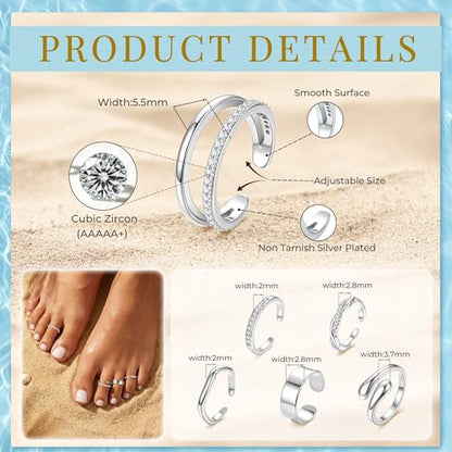 NICEIGHT 6Pcs 14K Gold Filled Toe Rings for Women Non Tarnish Silver Flower Hug Band Toe Rings Simple Adjustable CZ Twist Toe Ring Summer Beach Foot Jewelry for Women - color: Silver A