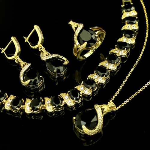 GZWHD Jewelry Set for Women Water Drop Cubic Zirconia Artificial Crystal Earrings Pendant Necklace Open Ring Tennis Bracelet Wedding Anniversary Birthday Engagement Gift for Bridesmaid Wife Girlfriend Friend - color: Gold-Black