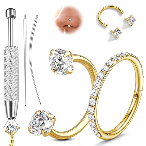 ORAZIO 18G Horseshoe Nose Rings for Women Men Double Gem Horse Shoe Nose Ring Hoops Surgical Steel Silver Gold Cartilage Helix Tragus Daith Earrings Labret Lip Piercing Jewelry Cute Small Septum Rings - color: Gold-White CZ Hoop