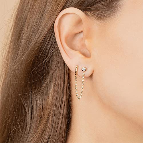 Personalized Double Piercing Round CZ Stud Small Hoop Cuff Cartilage Earrings for Women Teen Girls 925 Sterling Silver Post Cubic Zirconia Threader Chain Tassel Drop Dangle Delicate Two Holes Crystal Huggie Hoops Crawler Climbers Hypoallergenic Studs Fash