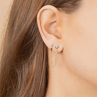 Personalized Double Piercing Round CZ Stud Small Hoop Cuff Cartilage Earrings for Women Teen Girls 925 Sterling Silver Post Cubic Zirconia Threader Chain Tassel Drop Dangle Delicate Two Holes Crystal Huggie Hoops Crawler Climbers Hypoallergenic Studs Fash