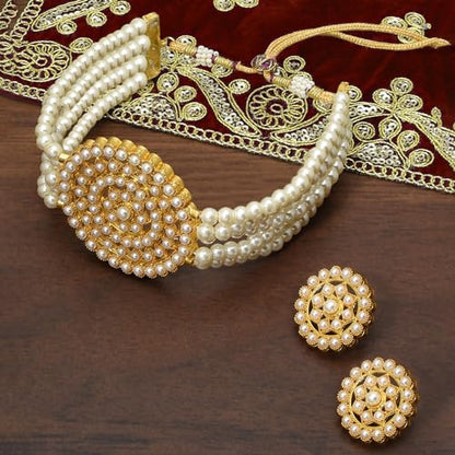 Aheli Pearl Diamond Choker Necklace & Round Earrings Gift for Women Indian Traditional Bollywood Fashion Bharatanatyam jewellery set - color: White 1