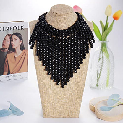 Coiris Boho African Wooden or Acrylic Beaded Bib Statement Necklace Strands Layered Cluster Chunky Collar Choker Wood Necklace for Women Fashion Costume Jewelry - color: N0065-Black