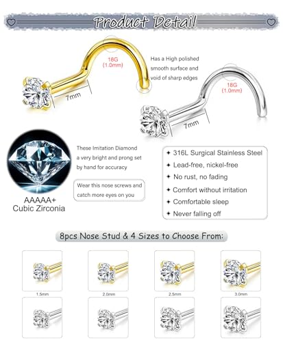8Pcs Nose Rings Studs Set for Women Men: Hypoallergenic G23 Titanium/316L Surgical Stainless Steel Nose Studs, Nickel-free Lead-free L Shaped Corkscrew Nose Piercing Jewelry CZ 1.5mm 2mm 2.5mm 3mm - style: 8pcs 18G Gold/Silver - Stainless Steel