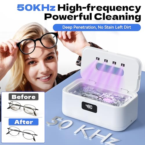 Ultrasonic Jewelry Cleaner, 50Khz Jewelry Cleaner Ultrasonic Machine for Jewelry, Eyeglasses, Rings, Watch Strap, Dentures, 24oz - 304 Stainless Steel Tank, Digital Timer, 5 Cleaning Modes - color: White