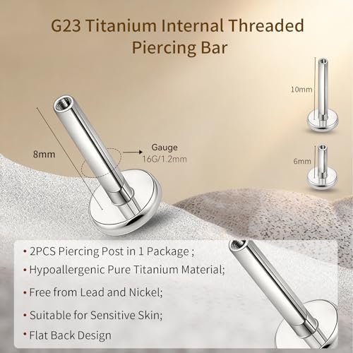 limerencia 16G/18G Hypoallergenic Internal Threaded Titanium Bar Post Replacement,Flat Back Stud Earrings Post Medusa Helix Couch Labret Bar for Women Men Sensitive Ears(A Pair) - color: silver tone, size: 16G-8mm