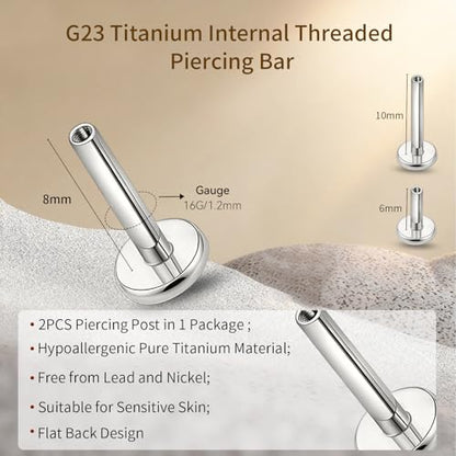 limerencia 16G/18G Hypoallergenic Internal Threaded Titanium Bar Post Replacement,Flat Back Stud Earrings Post Medusa Helix Couch Labret Bar for Women Men Sensitive Ears(A Pair) - color: silver tone, size: 16G-8mm