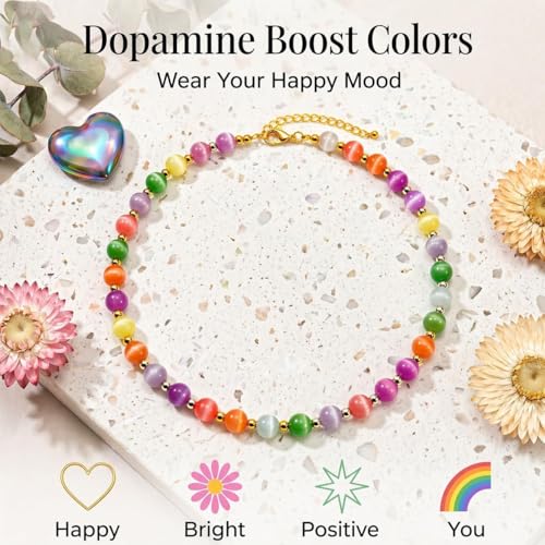 Dopamine Necklace UV Reactive Colorful Rainbow Beaded Necklace Dopamine Jewelry Set Color Changing Mood Necklaces Bracelet Earrings Summer Beach Vacation Gift for Women - color: B2：silver necklace Changing