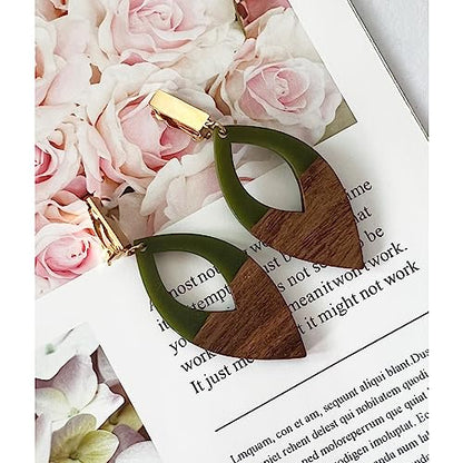 Wooden Geometric Clip On Earrings Women Gold Black Wood Non Pierced Ears Dangle Drop Earrings Triangle Leaf Comfortable Clip Earrings Jewelry - color: Leaf_Green+Gold